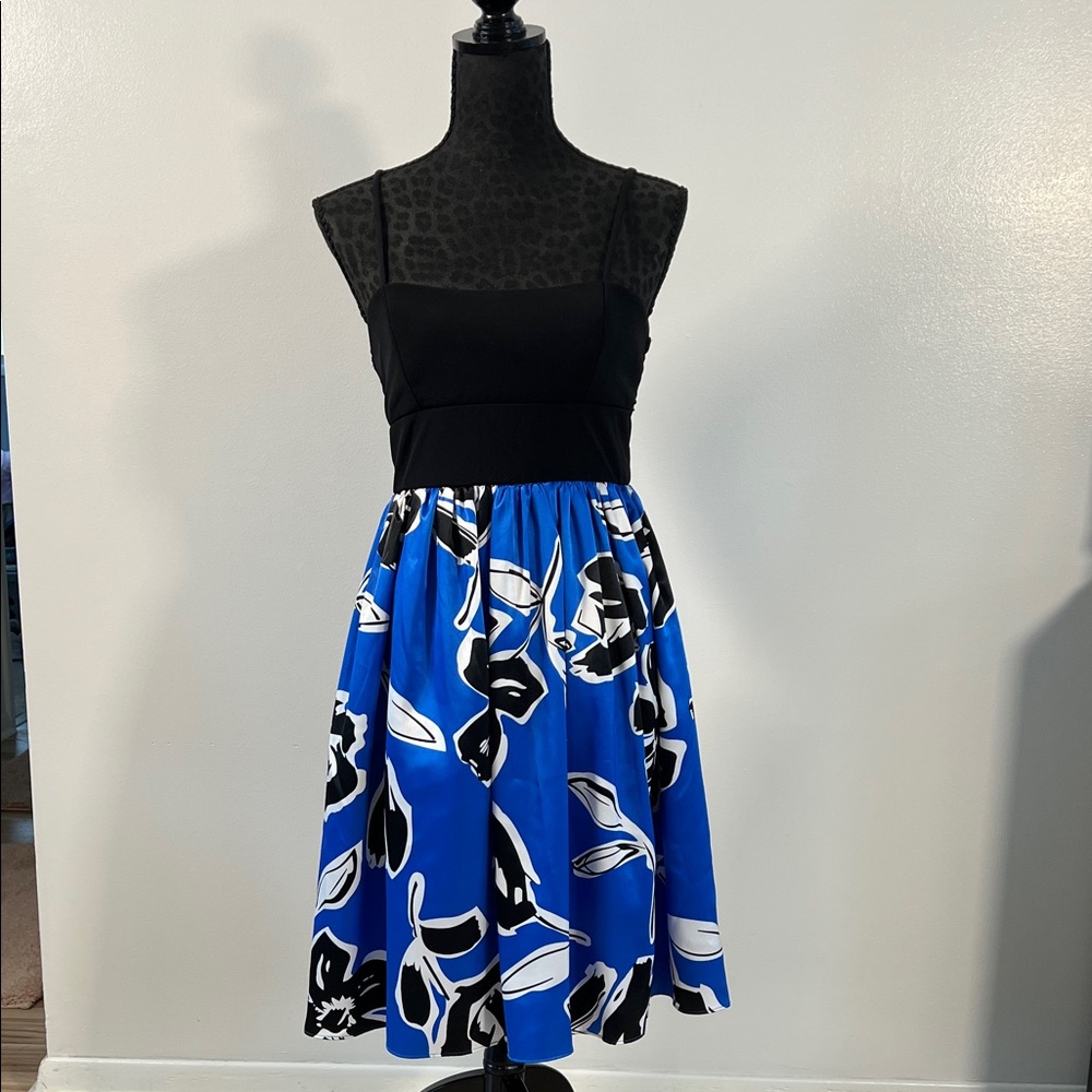 Intrigue woman’s Chic Black and Blue Floral A-Line dress. Size 6